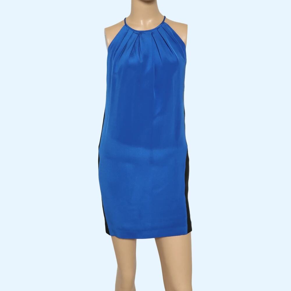JAY GODFREY Blue and Black Colorblock Silk Halter Mini Dress